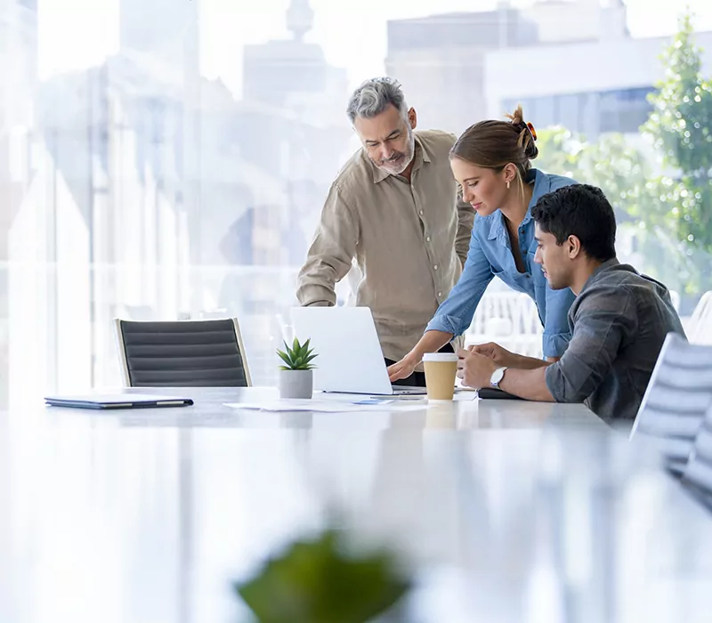 Group of business people working. The team are standing and sitting at a board room table looking at a laptop computer. All dressed in casual business clothing with a window behind them