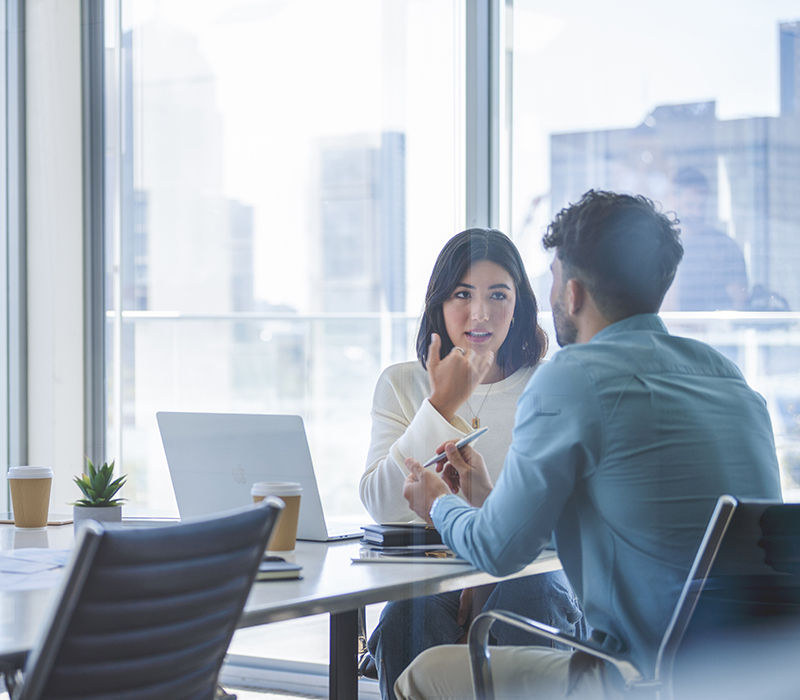 business woman and man meeting and talking
